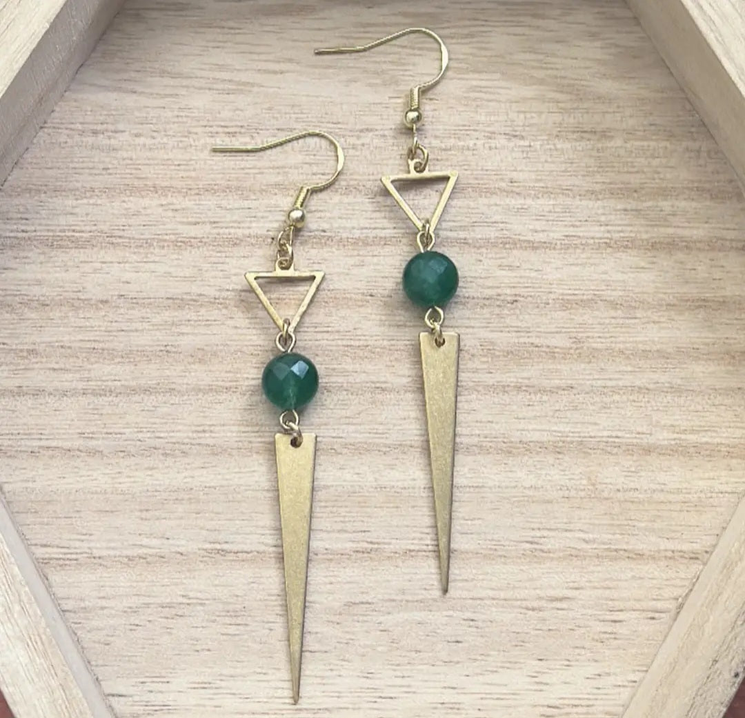 Grren Aventurine Long Fringle Triangle Earings