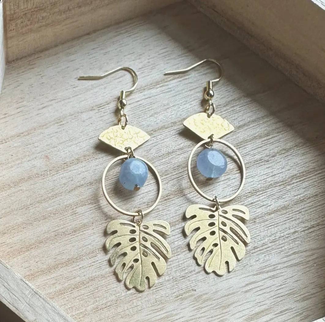 Aquamarine Monstera Earings